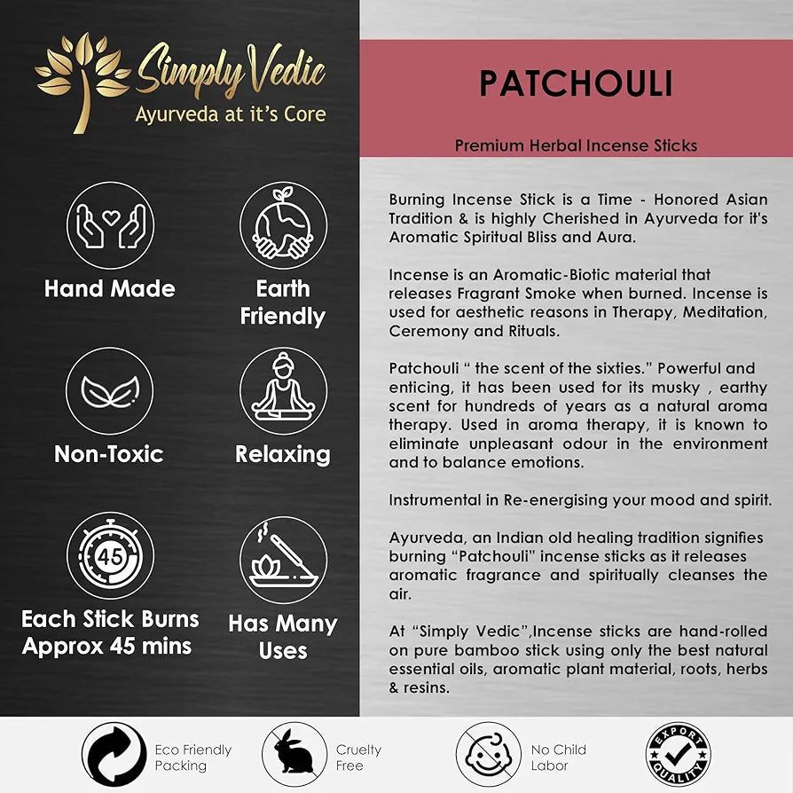 Simply Vedic Patchouli Incense Sticks – 250g Pack  | Charcoal-Free | Natural Essential Oils for Meditation, Yoga, Relaxation, Prayers & Aromatherapy